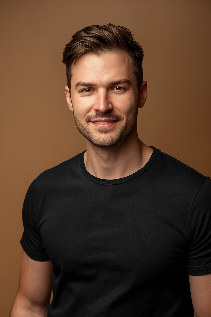 lucid origin generate a proffessional portrait picture of polish man in t shirt for spa websi 1
